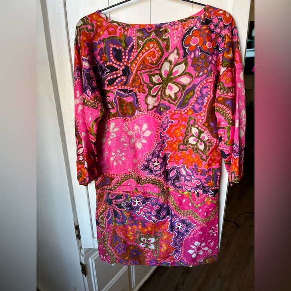 See by Chloe Graphic Silk Pink and Purple Mini Dress 3/4 Sleeve - Picture 4 of 7